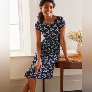 Boden Amelie Blue Navy Bird Jersey Midi Dress Pockets Short Sleeve Size 6P